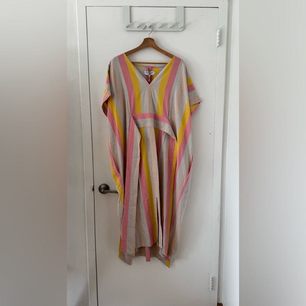 Striped V-Neck Caftan Dress in Pink, Yellow & Cream